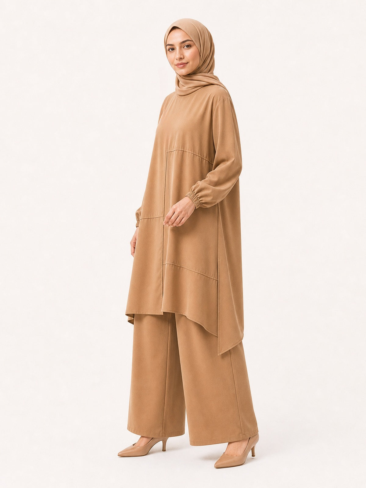 ZOALIN-PRODUCT-ONE-V2-20260711-05 | Everyday Asymmetric Tunic & Pants Set | Khaki side angle