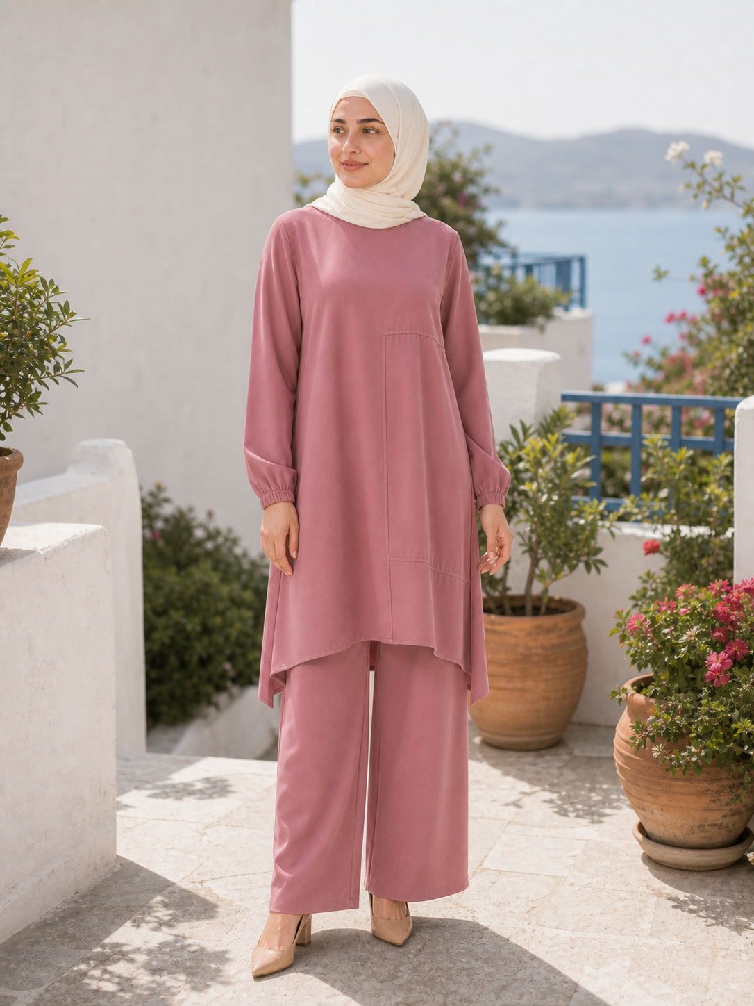 ZOALIN - Everyday Asymmetric Tunic & Pants Set - Dusty Pink - lifestyle