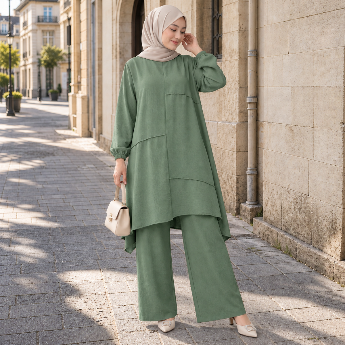 ZOALIN - Everyday Asymmetric Tunic & Pants Set - Sage Green - lifestyle