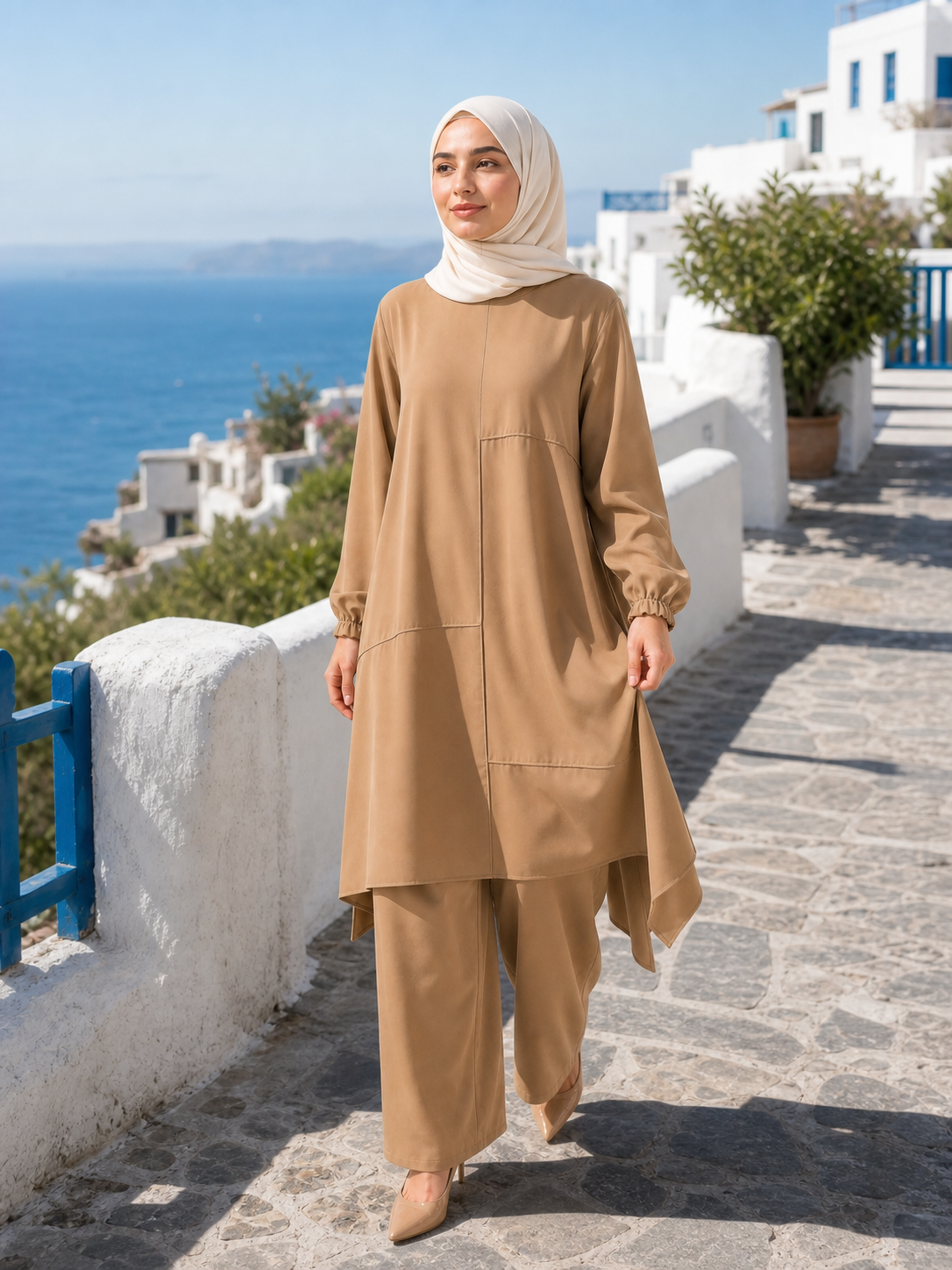 ZOALIN - Everyday Asymmetric Tunic & Pants Set - Khaki - lifestyle