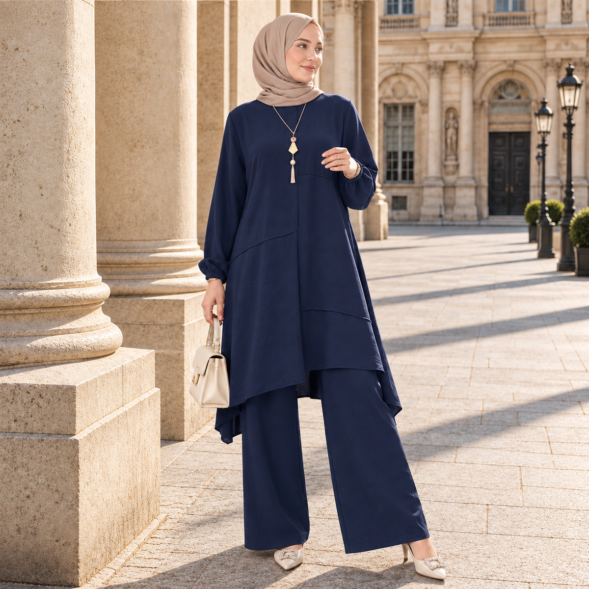 ZOALIN - Everyday Asymmetric Tunic & Pants Set - Navy Blue - lifestyle