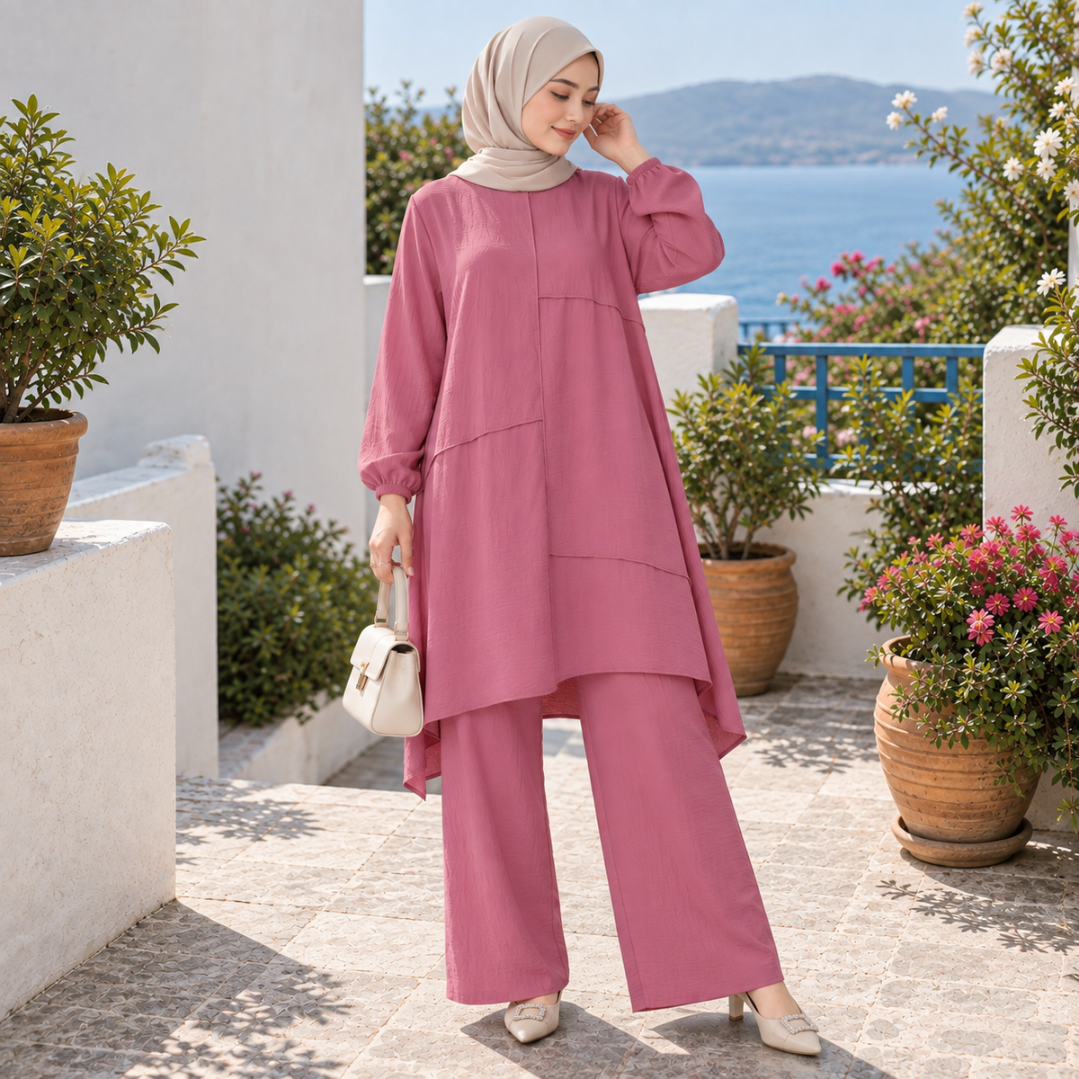 ZOALIN - Everyday Asymmetric Tunic & Pants Set - Dusty Pink - lifestyle