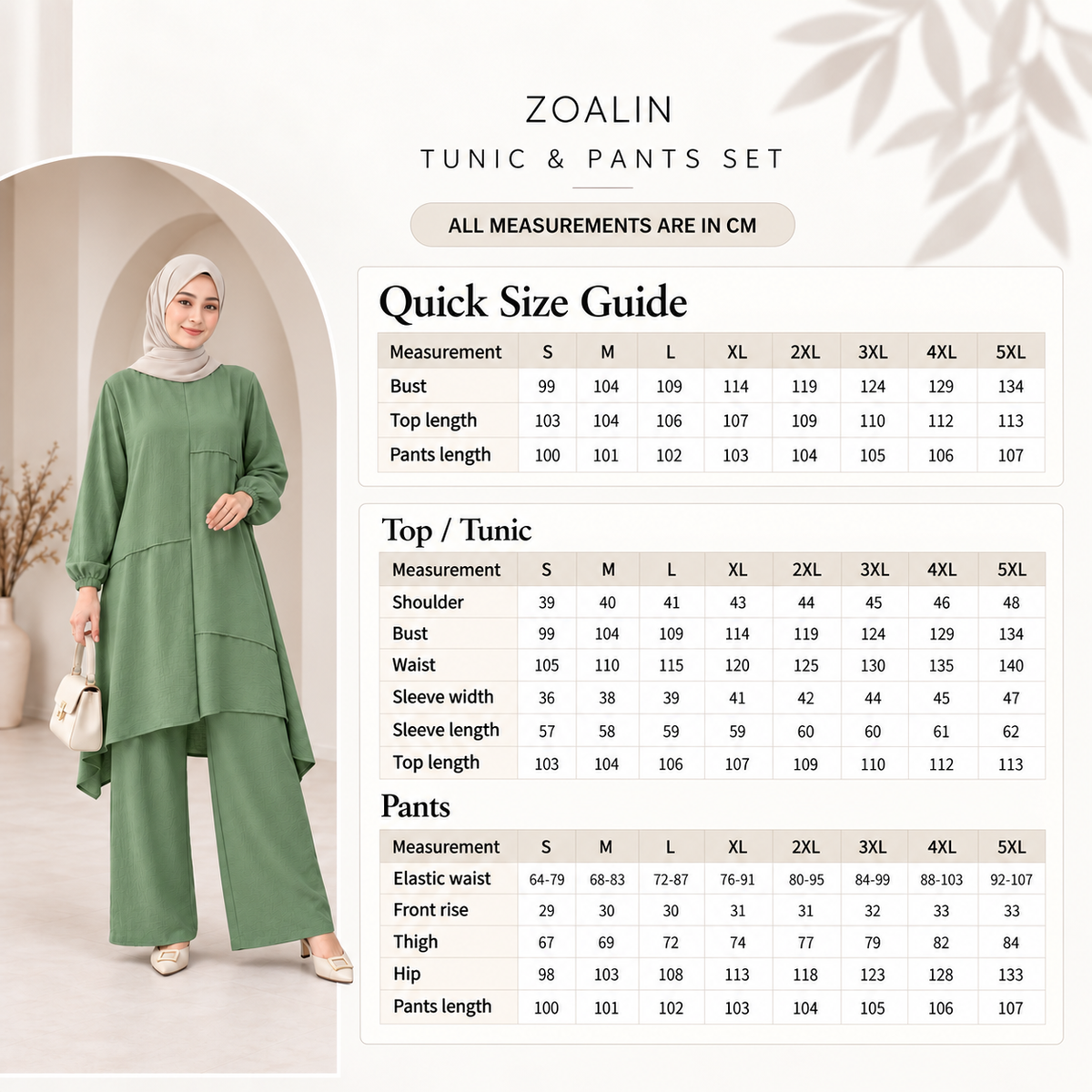 ZOALIN TUNIC & PANTS SET - Size chart - centimeters - arched layout 20260910