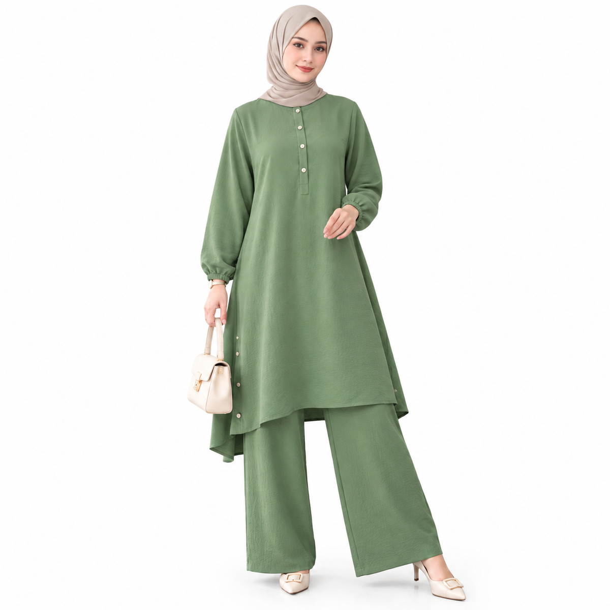 ZOALIN - Everyday Button-Detail Tunic & Pants Set - Sage - front