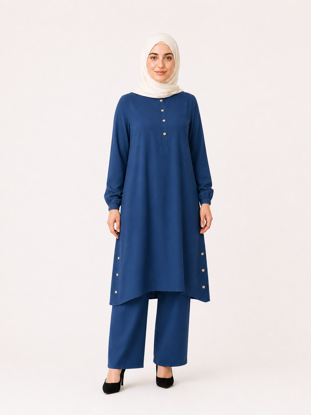 ZOALIN - Everyday Button-Detail Tunic & Pants Set - Blue - front