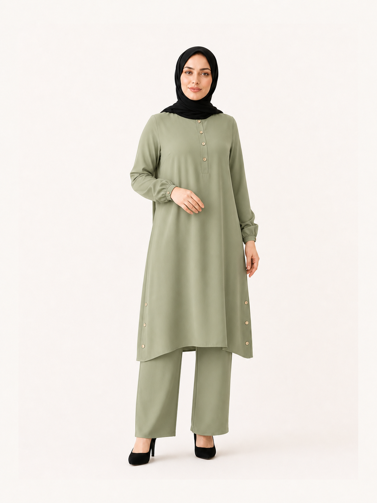 ZOALIN-SKU-COLOR-AUDIT-20260711-P10-01 | Everyday Button-Detail Tunic & Pants Set | Sage front view