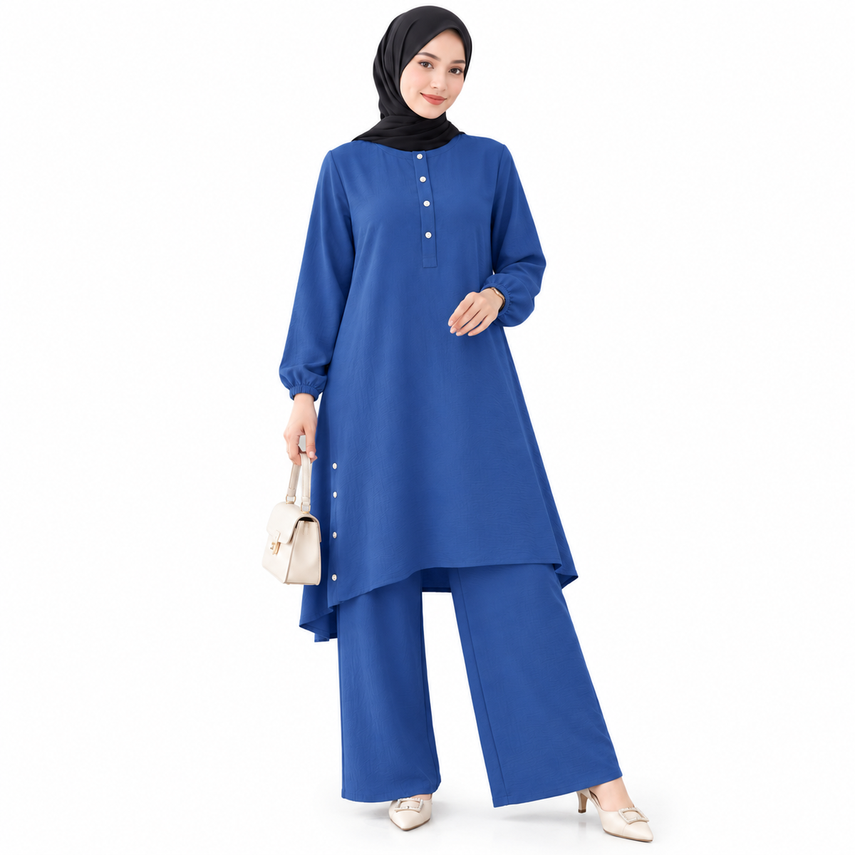 ZOALIN - Everyday Button-Detail Tunic & Pants Set - Blue - front