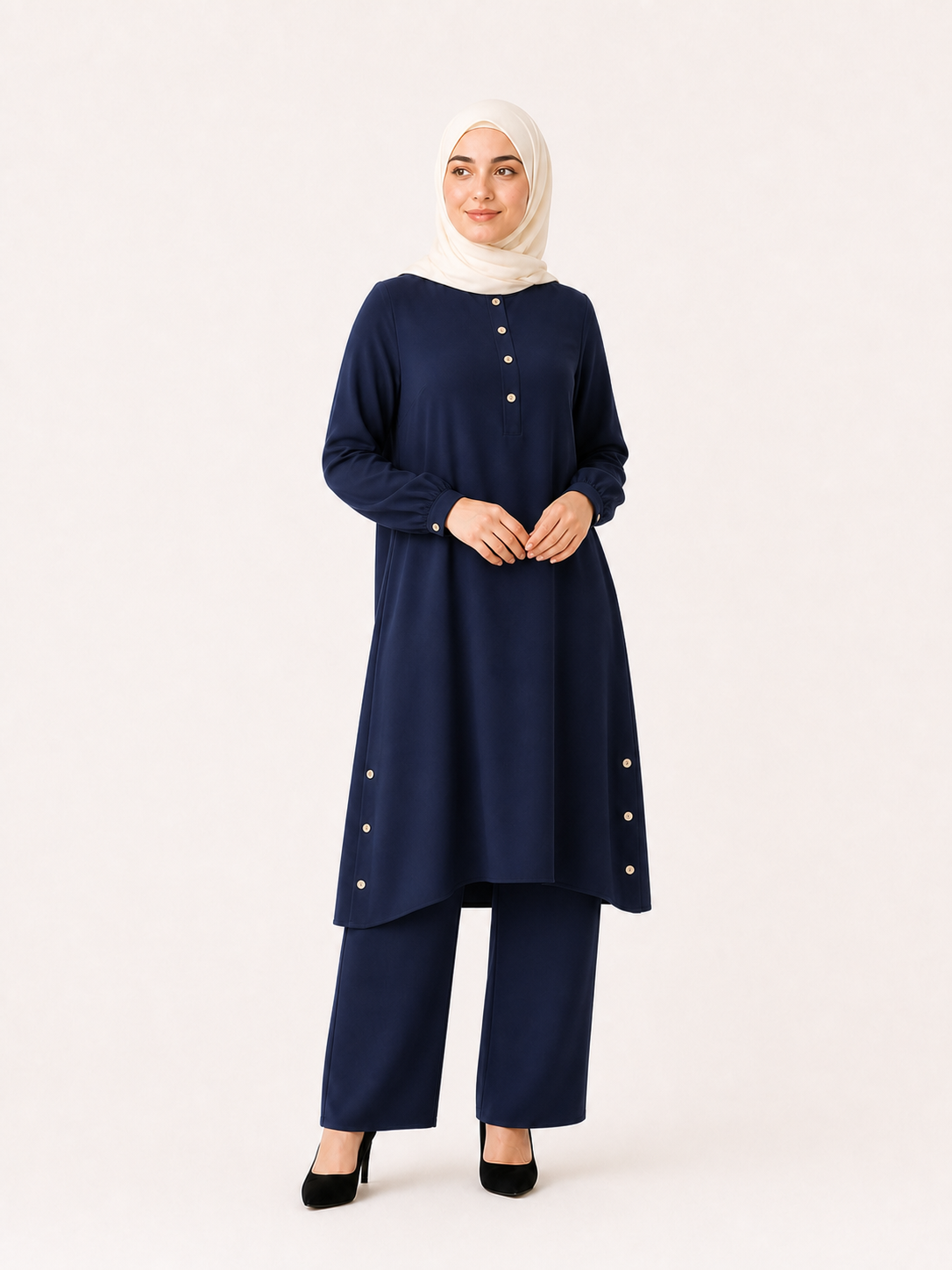 ZOALIN - Everyday Button-Detail Tunic & Pants Set - Navy - front