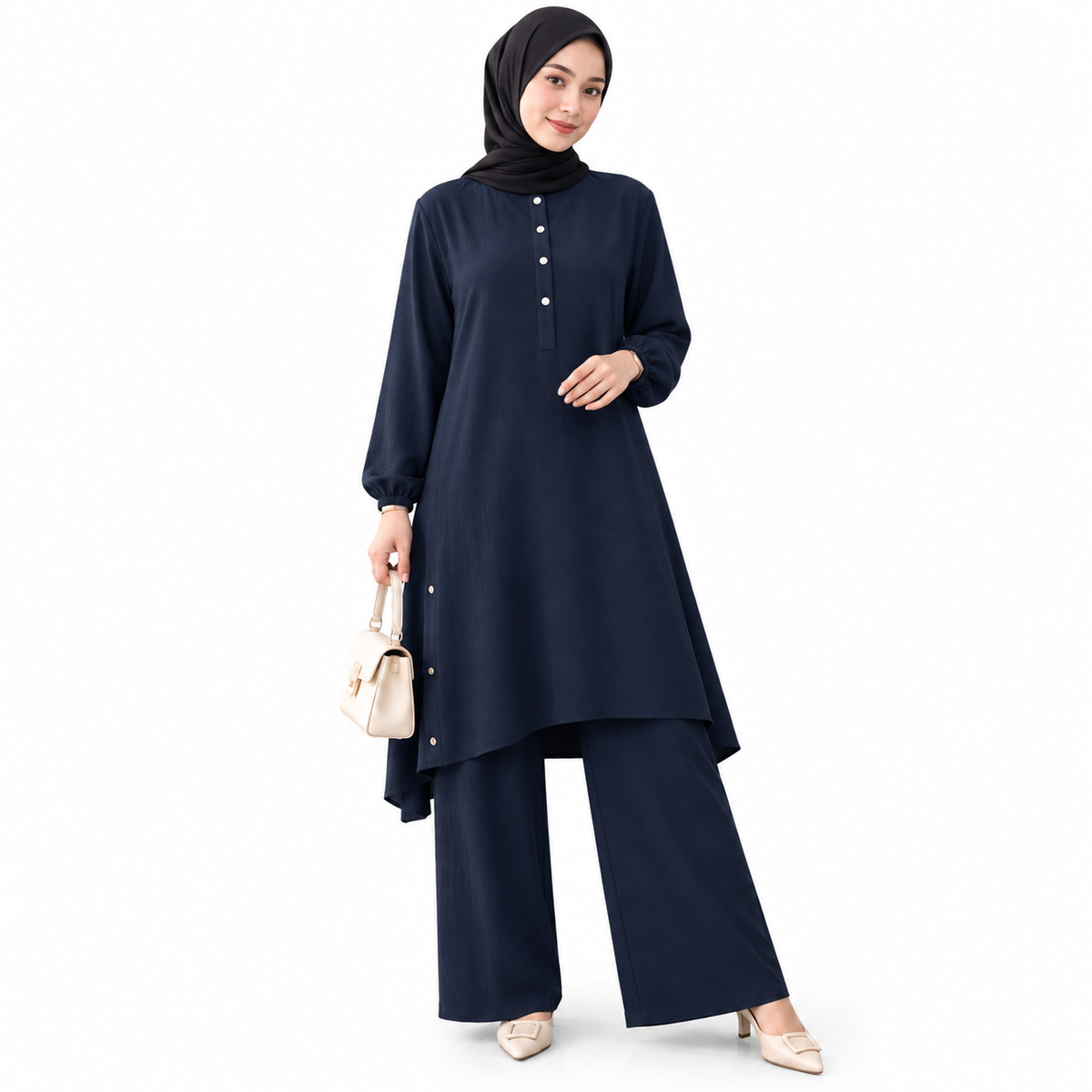 ZOALIN - Everyday Button-Detail Tunic & Pants Set - Navy - front