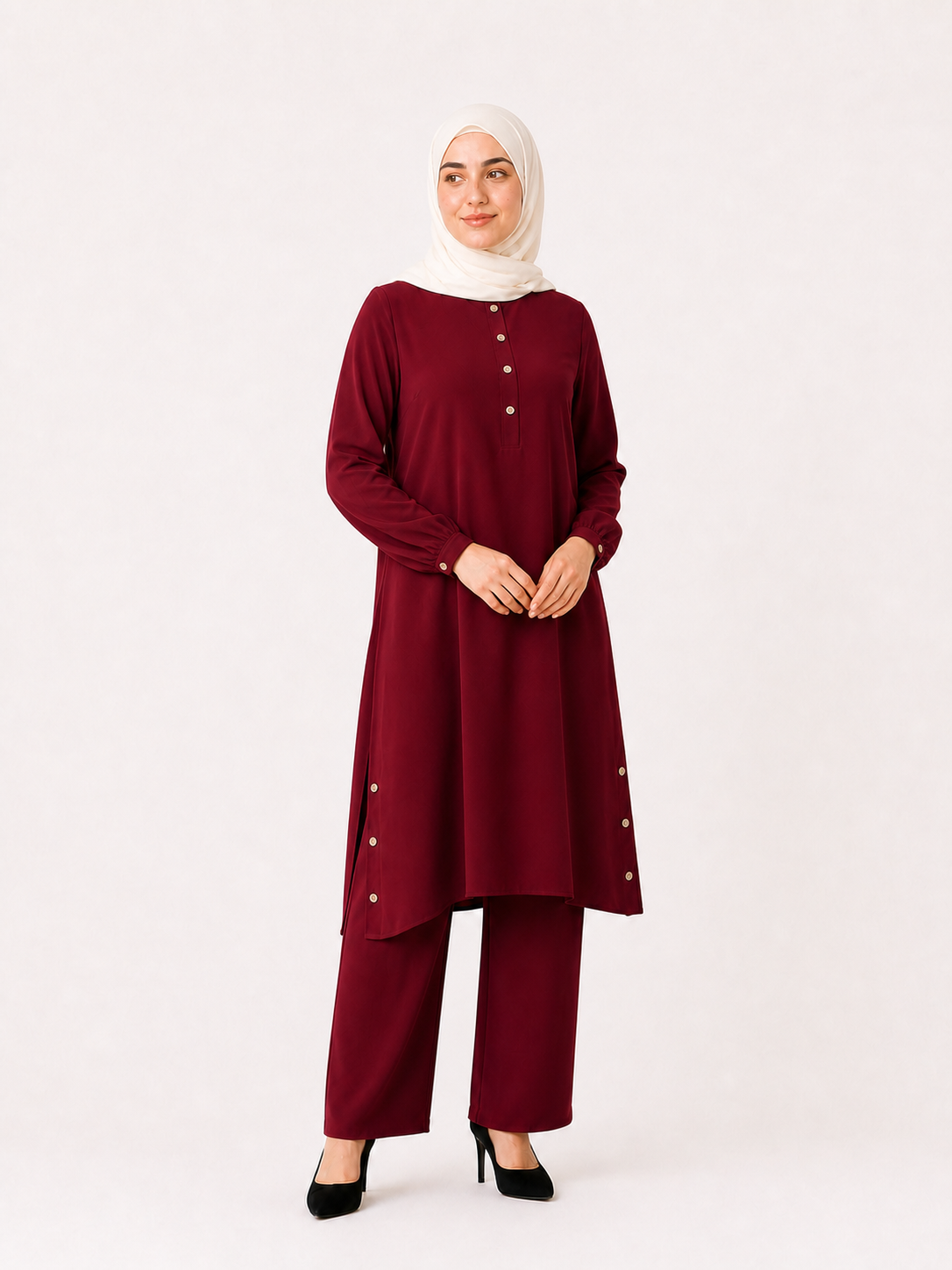 ZOALIN - Everyday Button-Detail Tunic & Pants Set - Burgundy - front