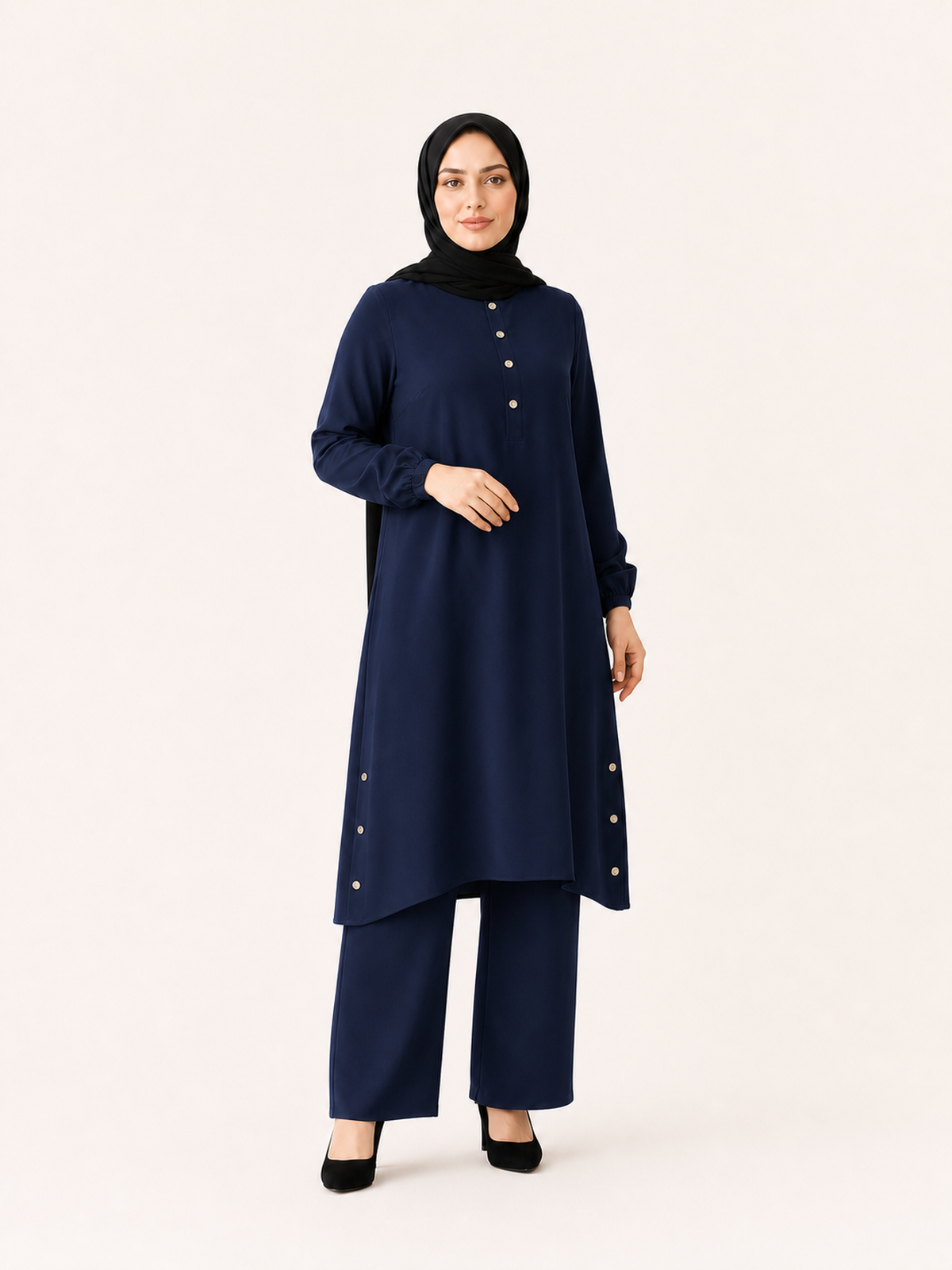 ZOALIN-SKU-COLOR-AUDIT-20260711-P10-02 | Everyday Button-Detail Tunic & Pants Set | Navy front view