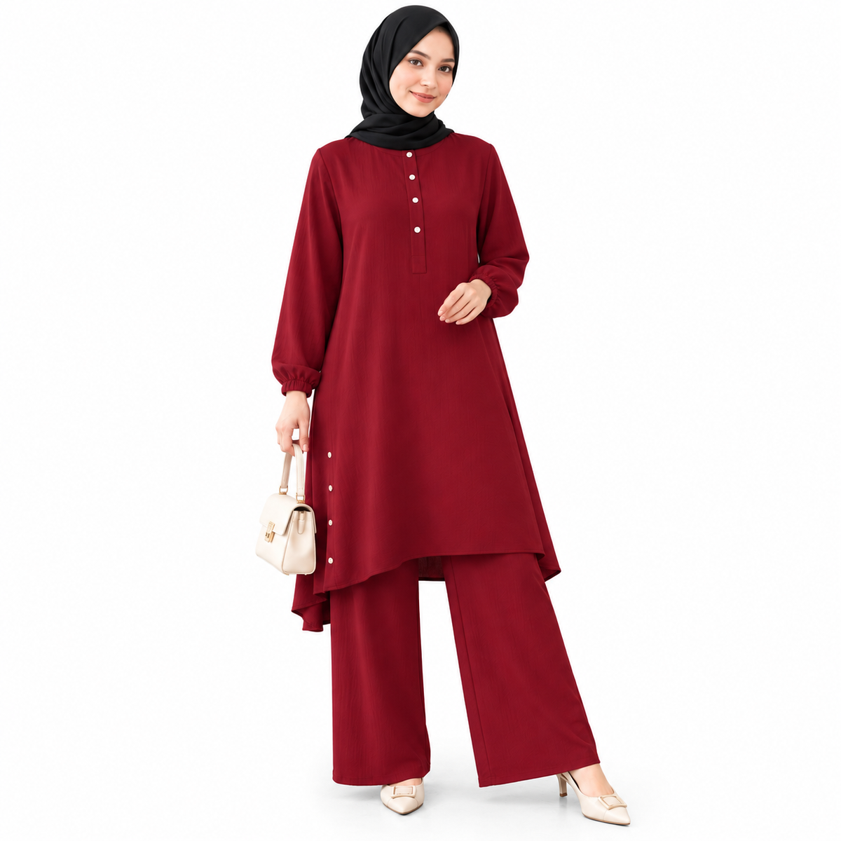 ZOALIN - Everyday Button-Detail Tunic & Pants Set - Burgundy - front