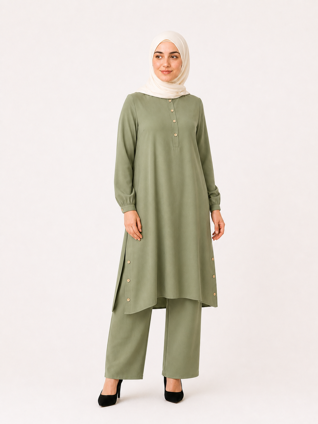 ZOALIN - Everyday Button-Detail Tunic & Pants Set - Sage - front