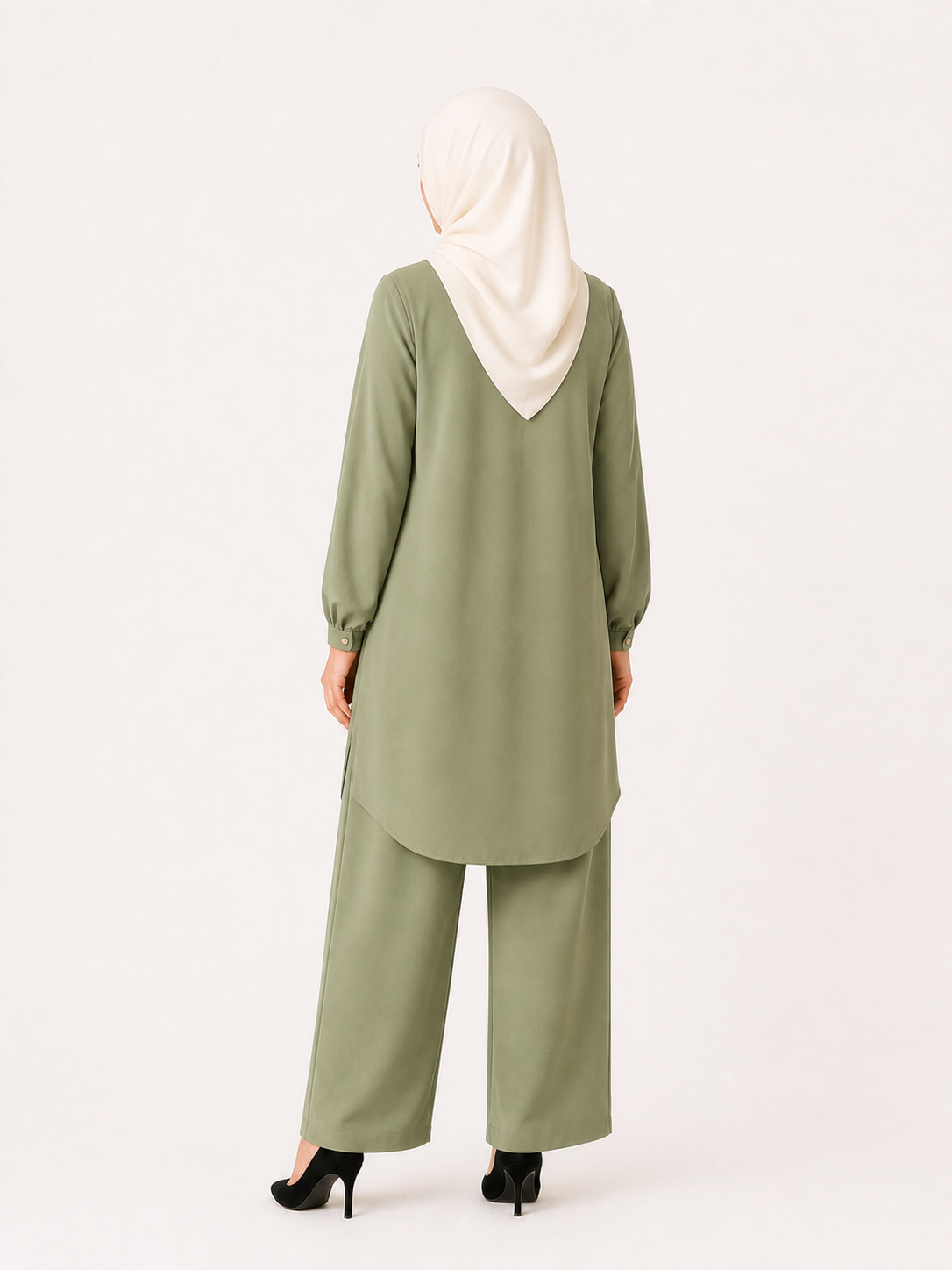 ZOALIN - Everyday Button-Detail Tunic & Pants Set - Sage - back