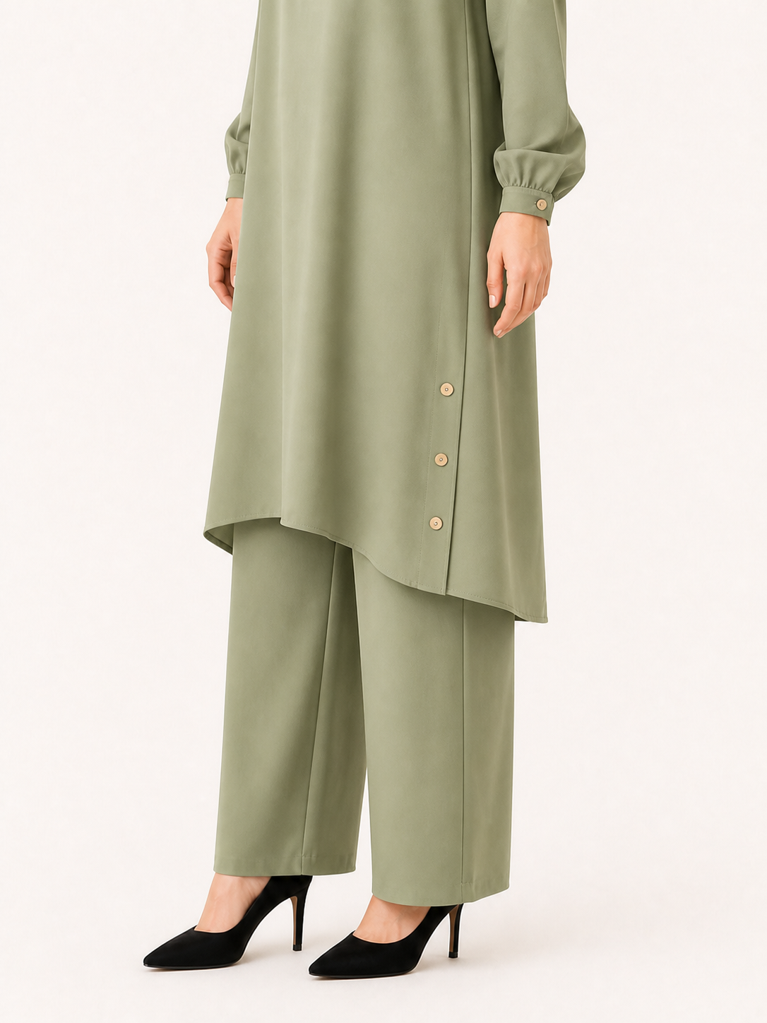 ZOALIN - Everyday Button-Detail Tunic & Pants Set - Sage - detail