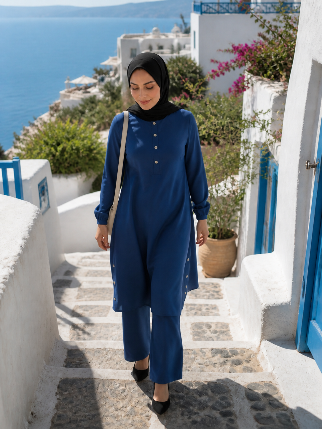 ZOALIN - Everyday Button-Detail Tunic & Pants Set - Blue - lifestyle