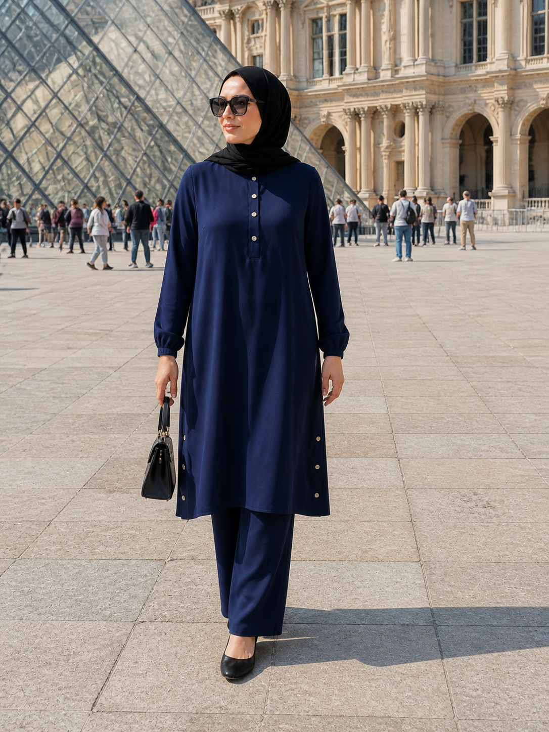 ZOALIN - Everyday Button-Detail Tunic & Pants Set - Navy - lifestyle