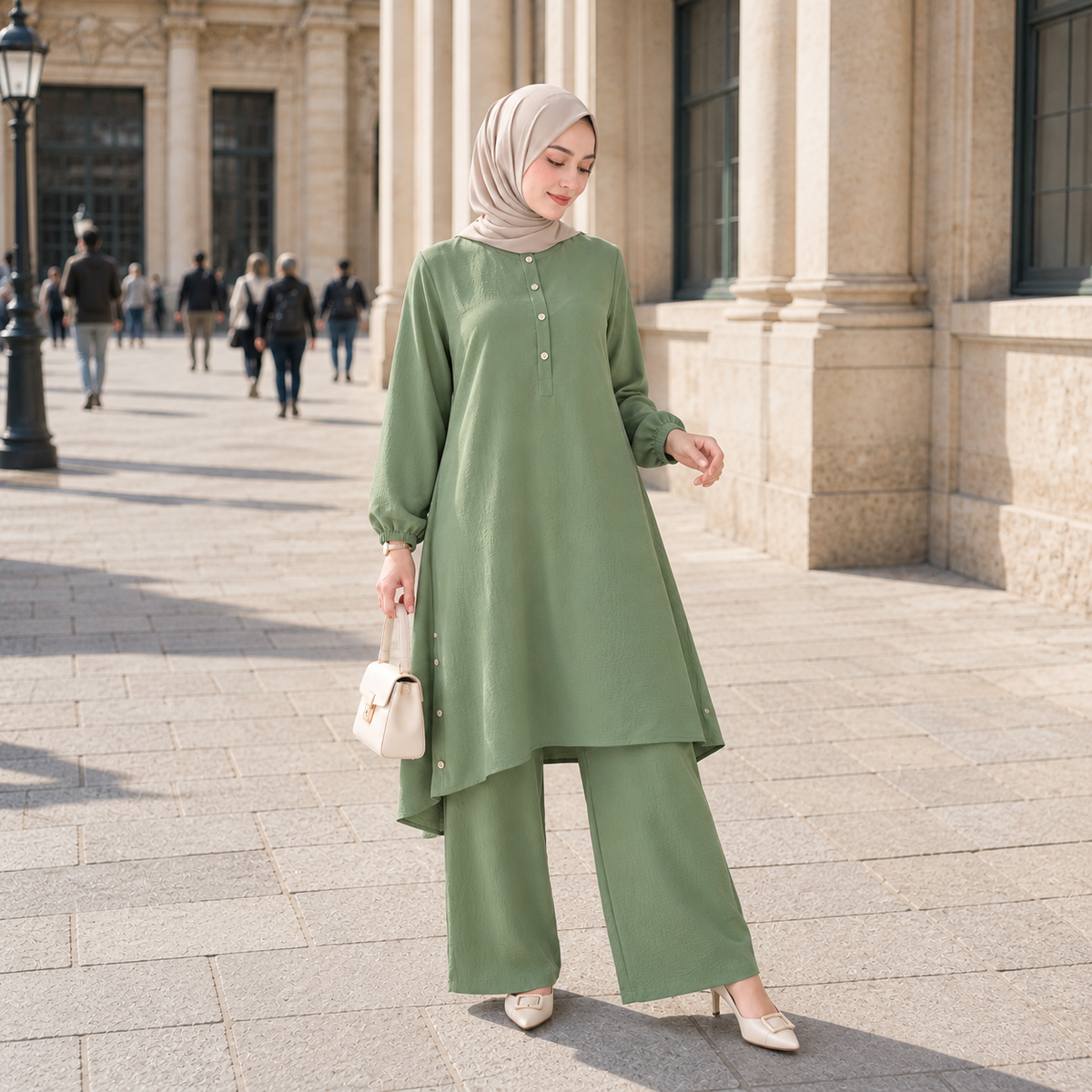 ZOALIN - Everyday Button-Detail Tunic & Pants Set - Sage - lifestyle