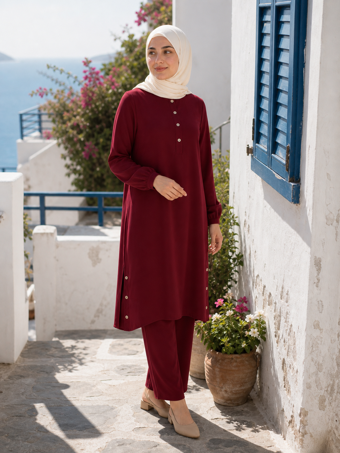 ZOALIN - Everyday Button-Detail Tunic & Pants Set - Burgundy - lifestyle