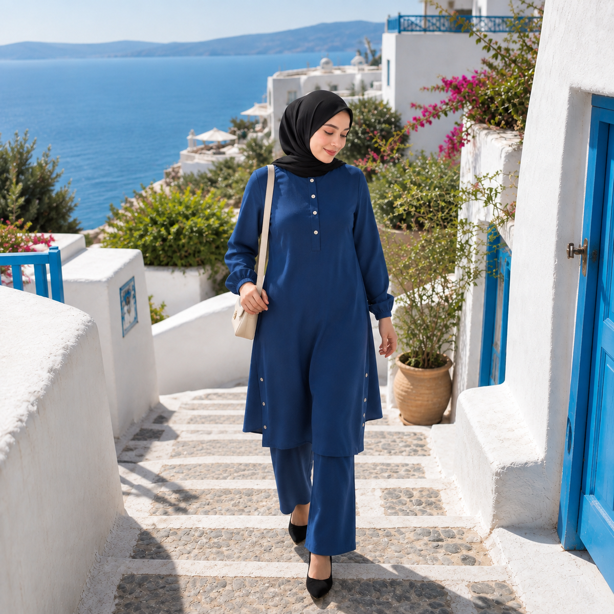 ZOALIN - Everyday Button-Detail Tunic & Pants Set - Blue - lifestyle
