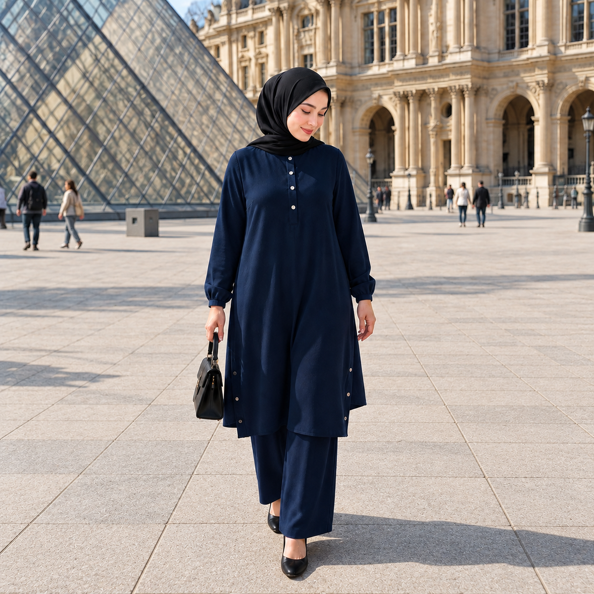 ZOALIN - Everyday Button-Detail Tunic & Pants Set - Navy - lifestyle
