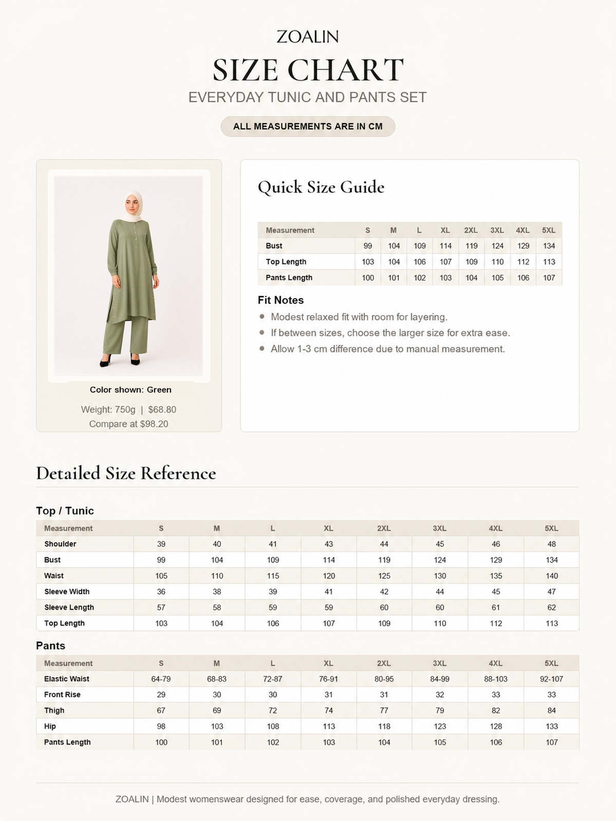 ZOALIN - Everyday Button-Detail Tunic & Pants Set - size