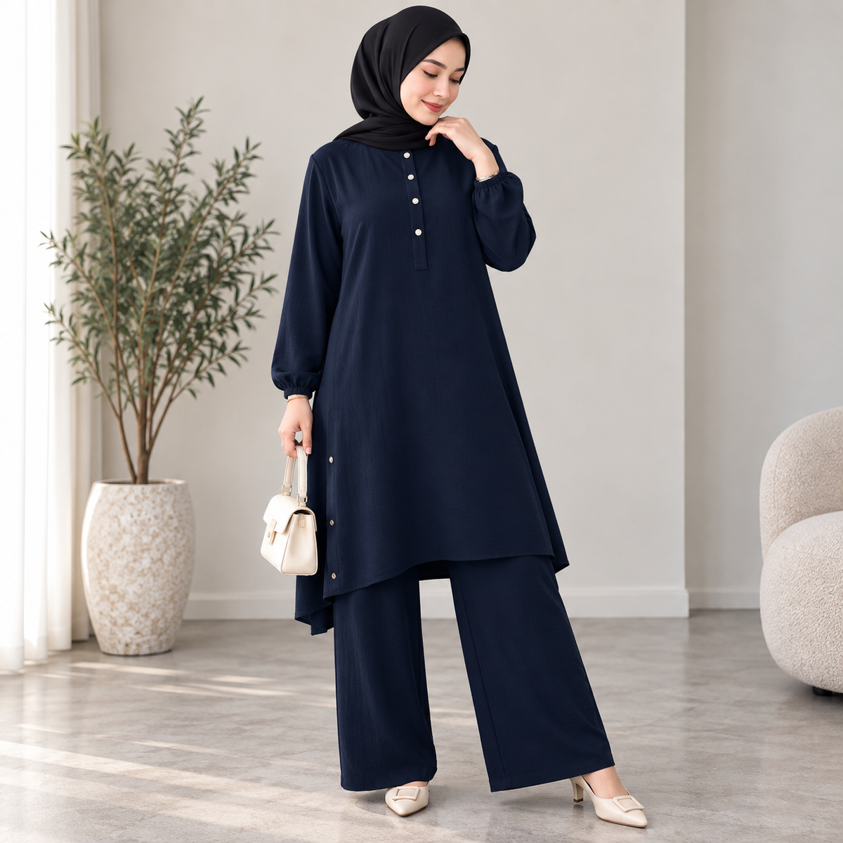 ZOALIN - Everyday Button-Detail Tunic & Pants Set - Navy - lifestyle indoor