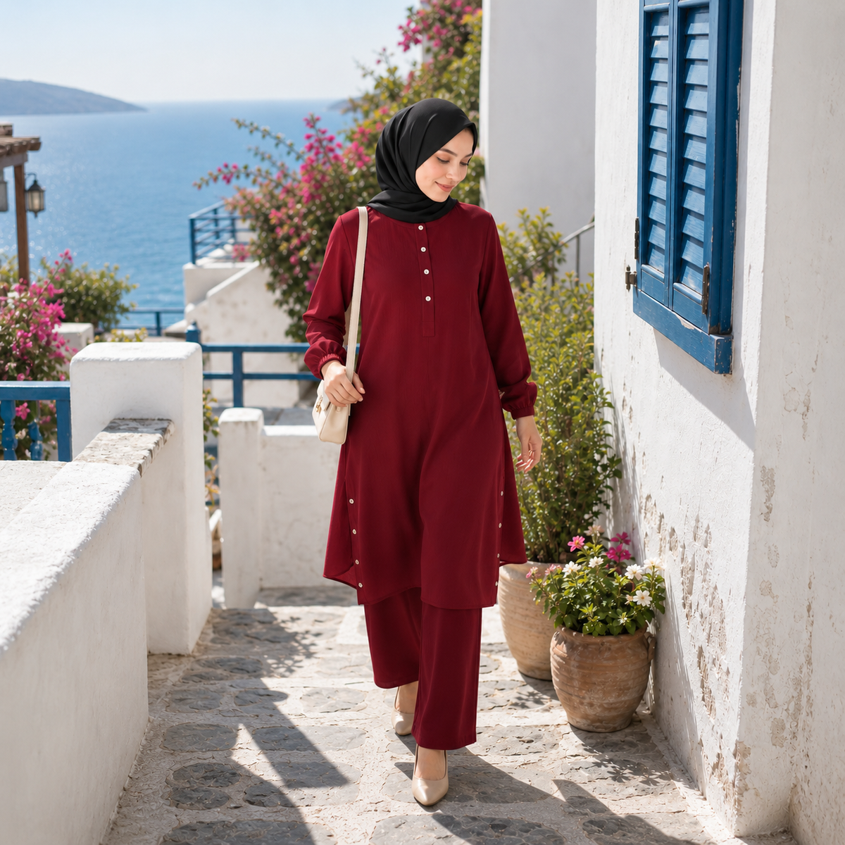 ZOALIN - Everyday Button-Detail Tunic & Pants Set - Burgundy - lifestyle