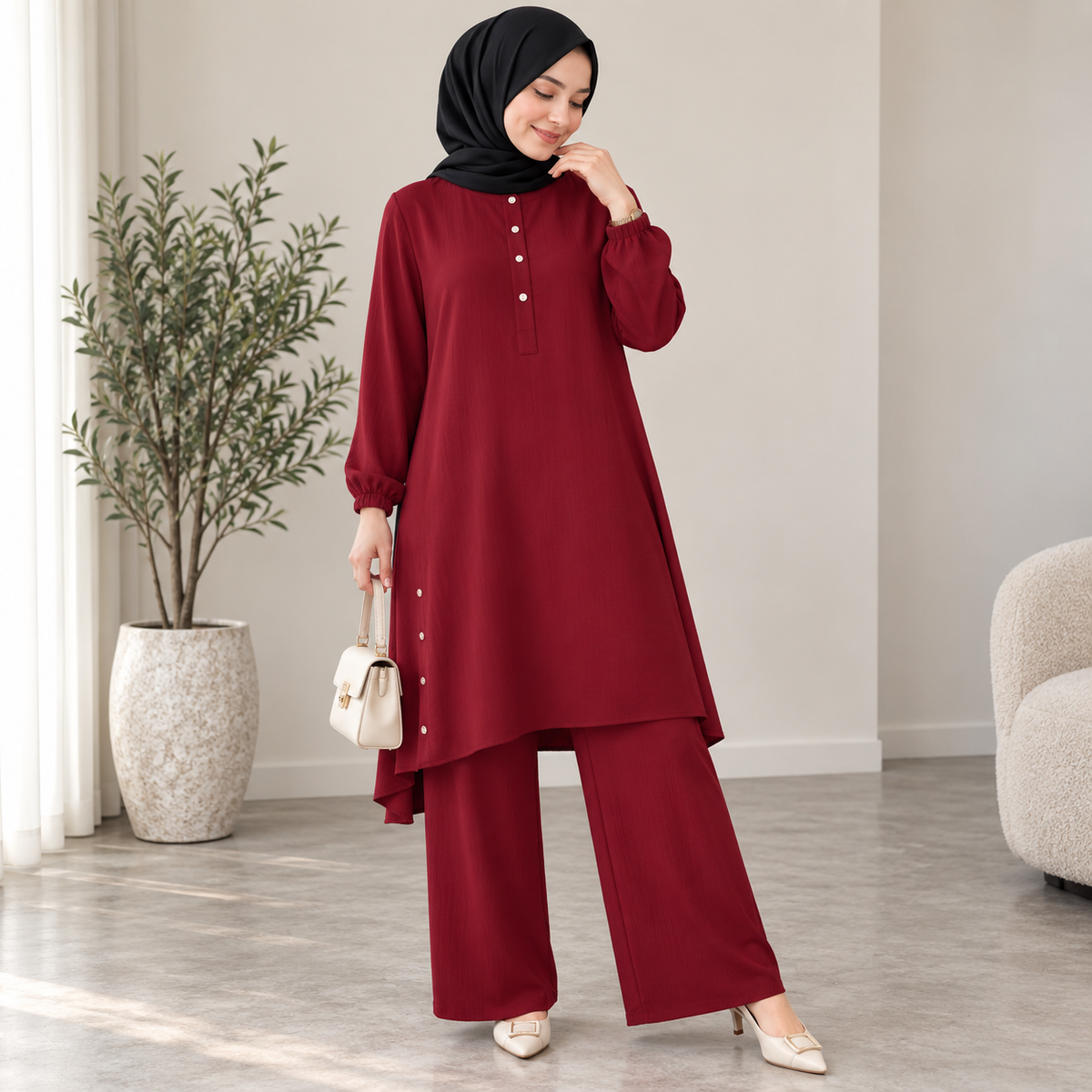 ZOALIN - Everyday Button-Detail Tunic & Pants Set - Burgundy - lifestyle indoor