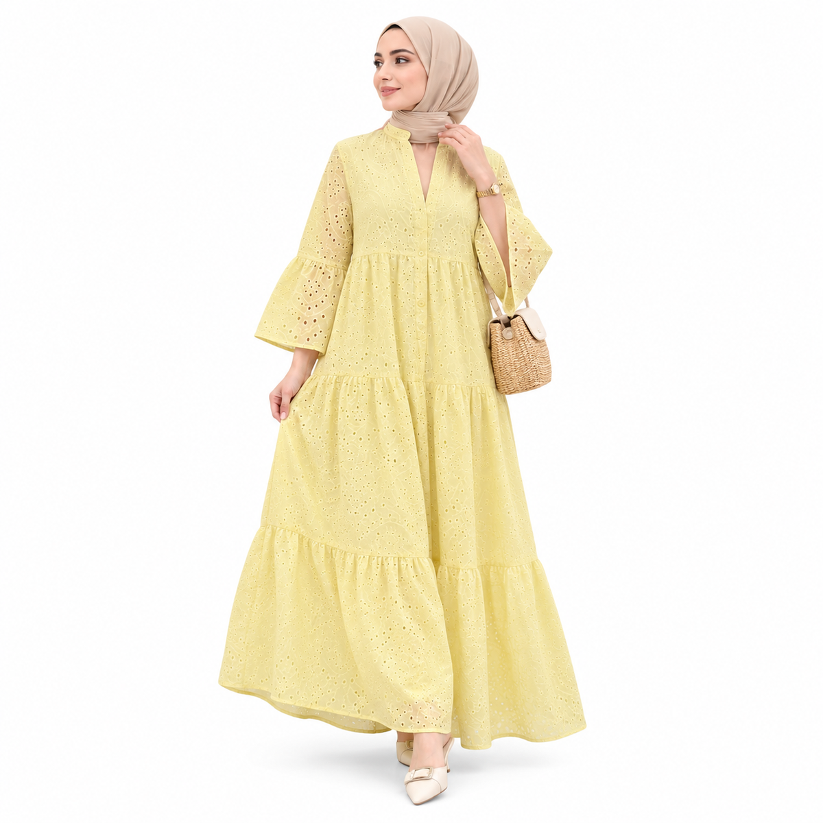 ZOALIN - Eyelet Tiered Maxi Dress - Yellow - front