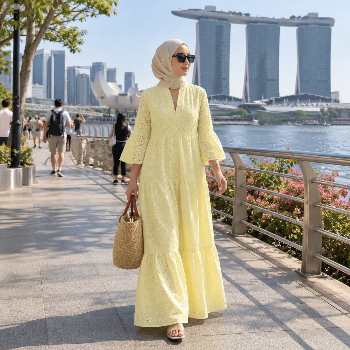 ZOALIN - Eyelet Tiered Maxi Dress - Light Yellow - lifestyle