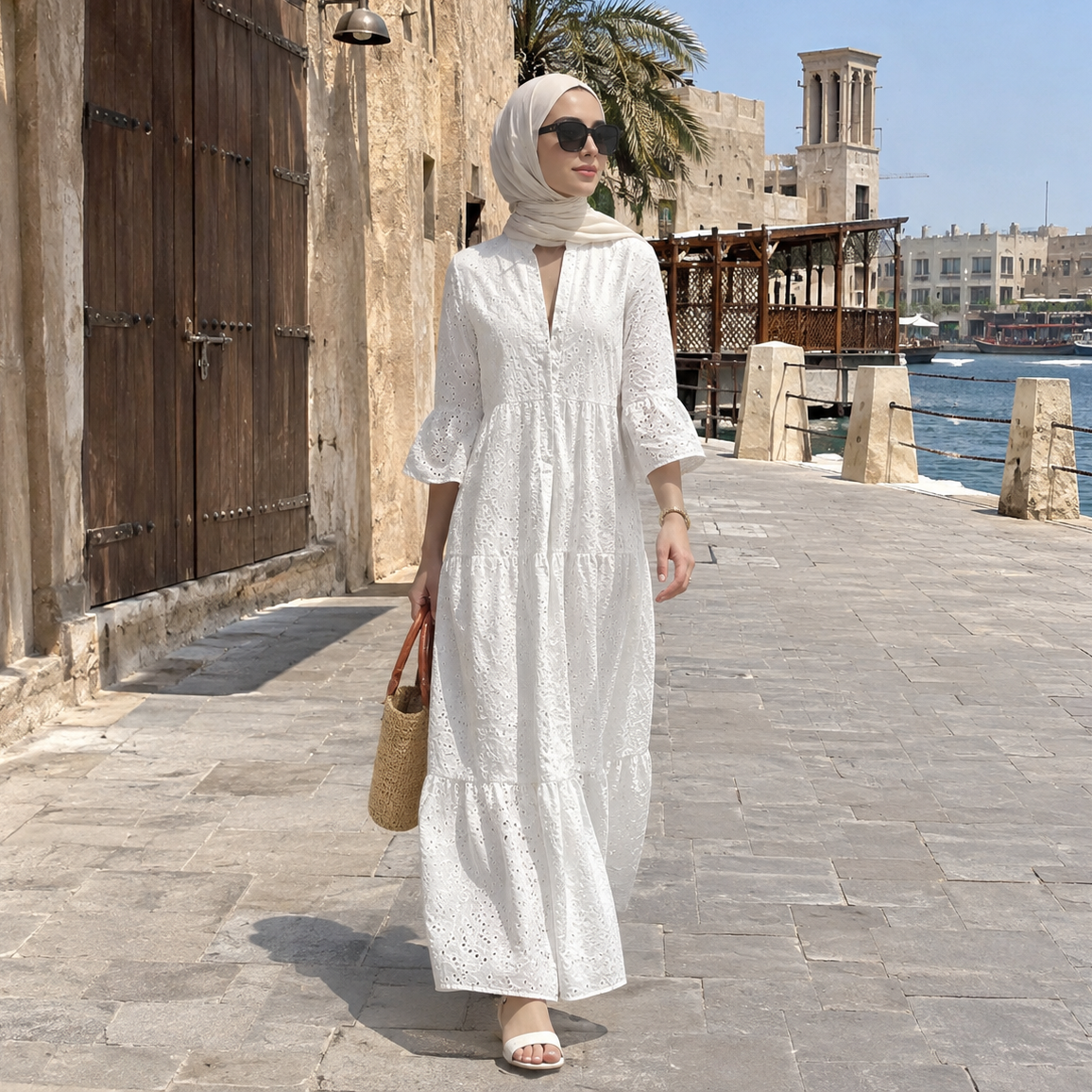 ZOALIN - Eyelet Tiered Maxi Dress - White - lifestyle