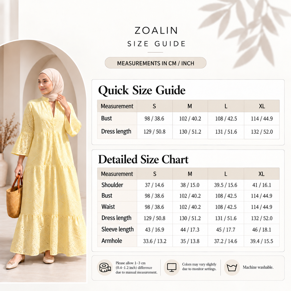 ZOALIN - Eyelet Tiered Maxi Dress - size chart - centimeters and inches