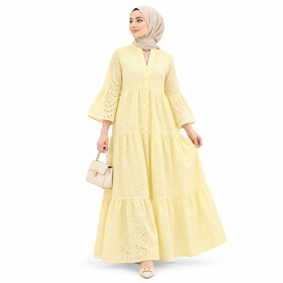 ZOALIN - Eyelet Tiered Maxi Dress - Light Yellow - front