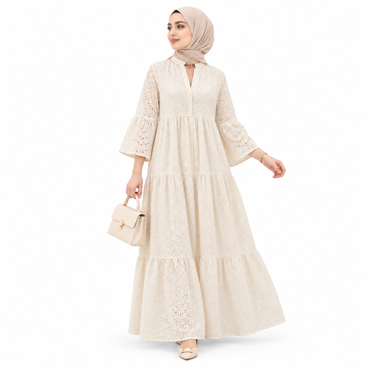 ZOALIN - Eyelet Tiered Maxi Dress - Apricot - front