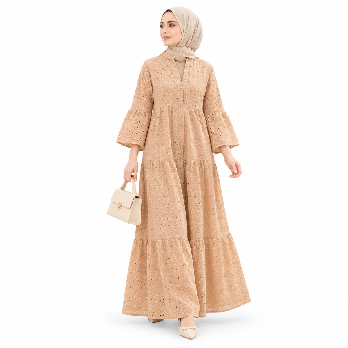 ZOALIN - Eyelet Tiered Maxi Dress - Dusty Pink - front