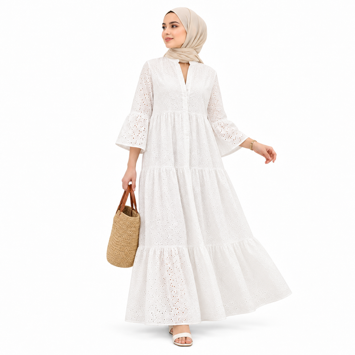 ZOALIN - Eyelet Tiered Maxi Dress - White - front