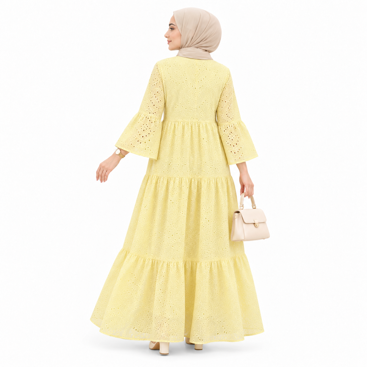 ZOALIN - Eyelet Tiered Maxi Dress - Light Yellow - back