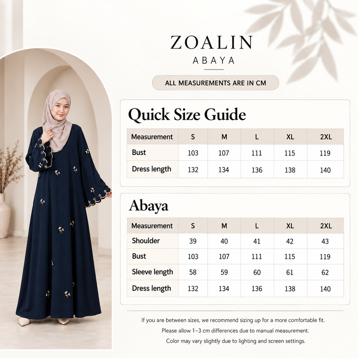 ZOALIN - Floral Embroidered Abaya - size chart - centimeters