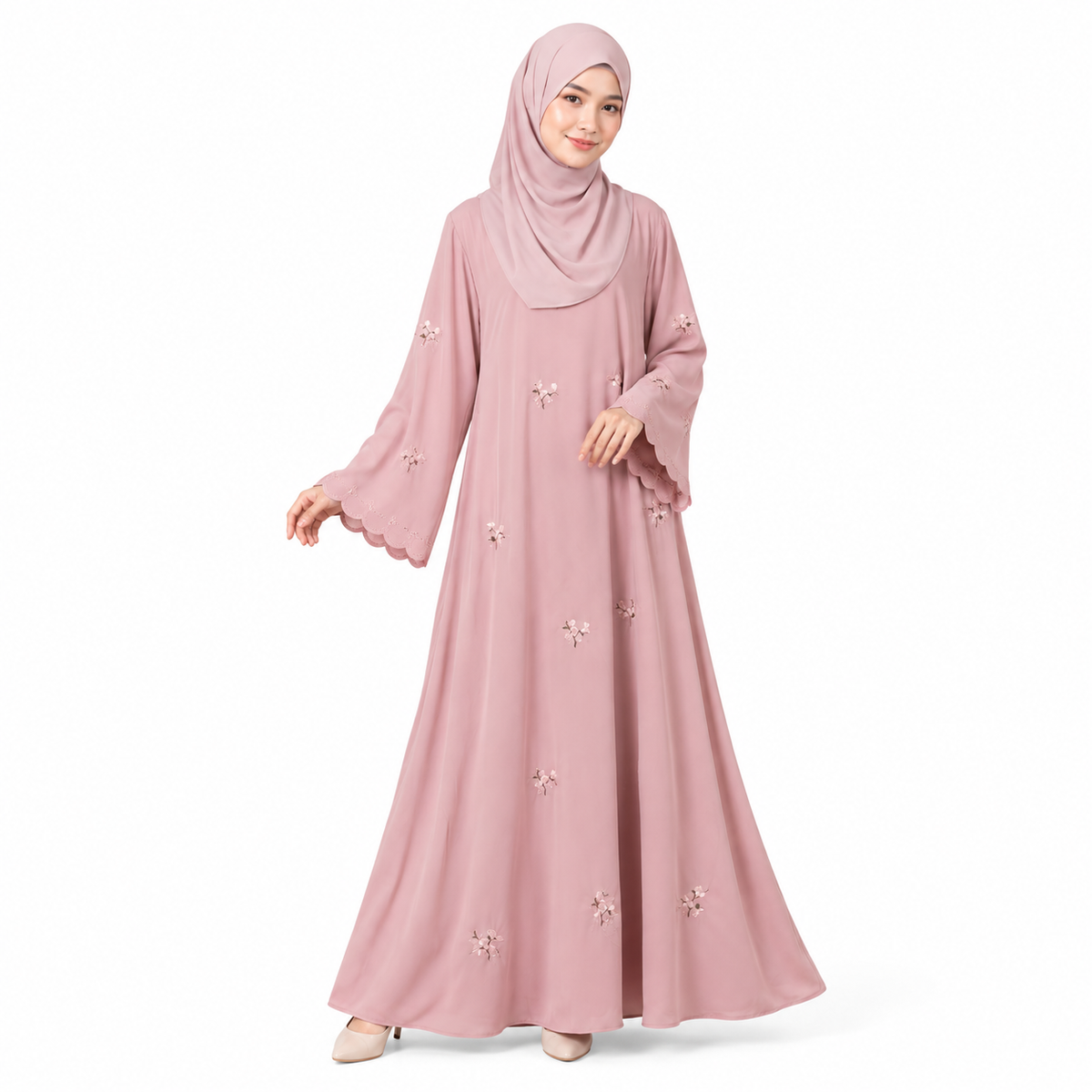 ZOALIN - Floral Embroidered Abaya - Pink - front