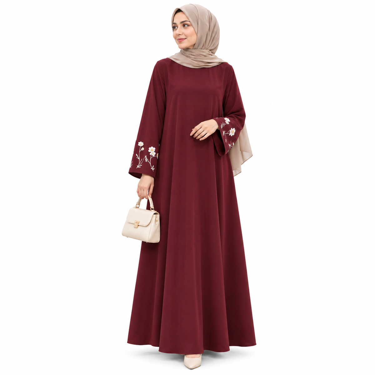 ZOALIN - Floral Sleeve Abaya - Burgundy - front