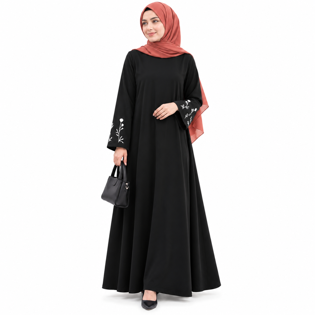 ZOALIN - Floral Sleeve Abaya - Black - front