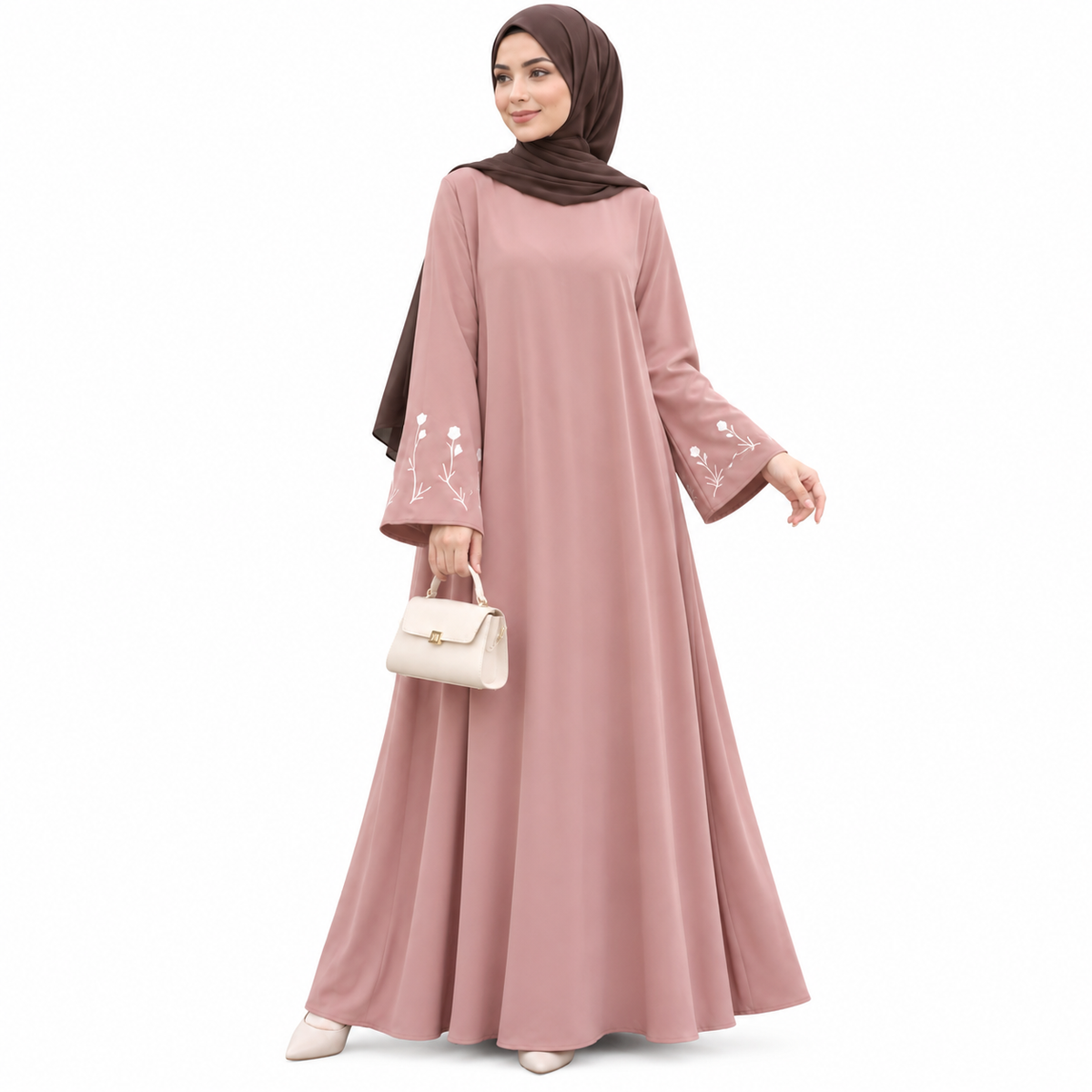 ZOALIN - Floral Sleeve Abaya - Dusty Pink - front