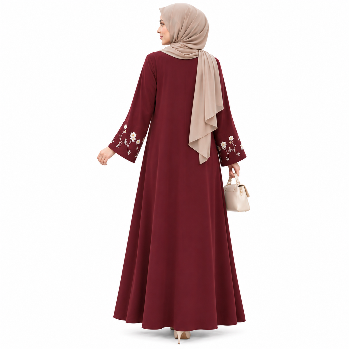 ZOALIN - Floral Sleeve Abaya - Burgundy - back