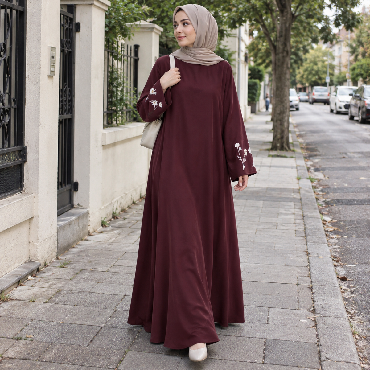 ZOALIN - Floral Sleeve Abaya - Burgundy - lifestyle