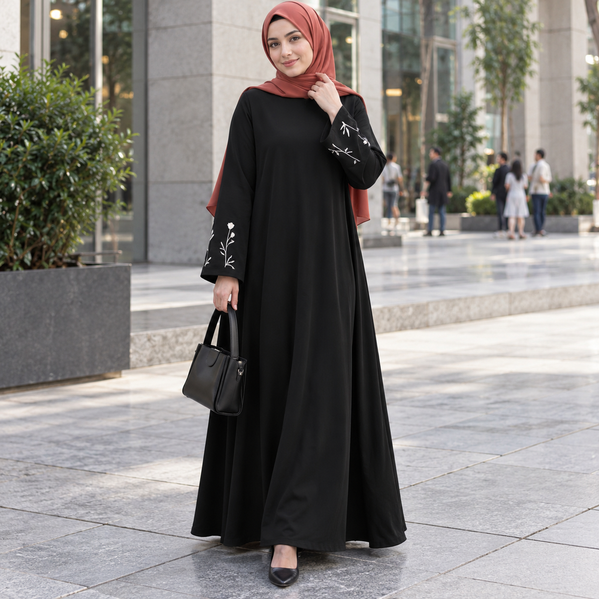 ZOALIN - Floral Sleeve Abaya - Black - lifestyle