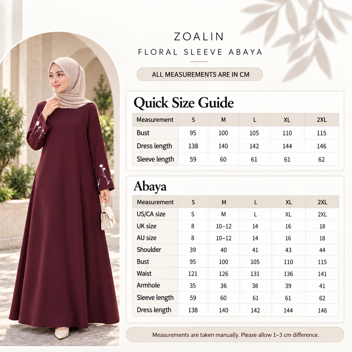 ZOALIN - Floral Sleeve Abaya - size chart - centimeters
