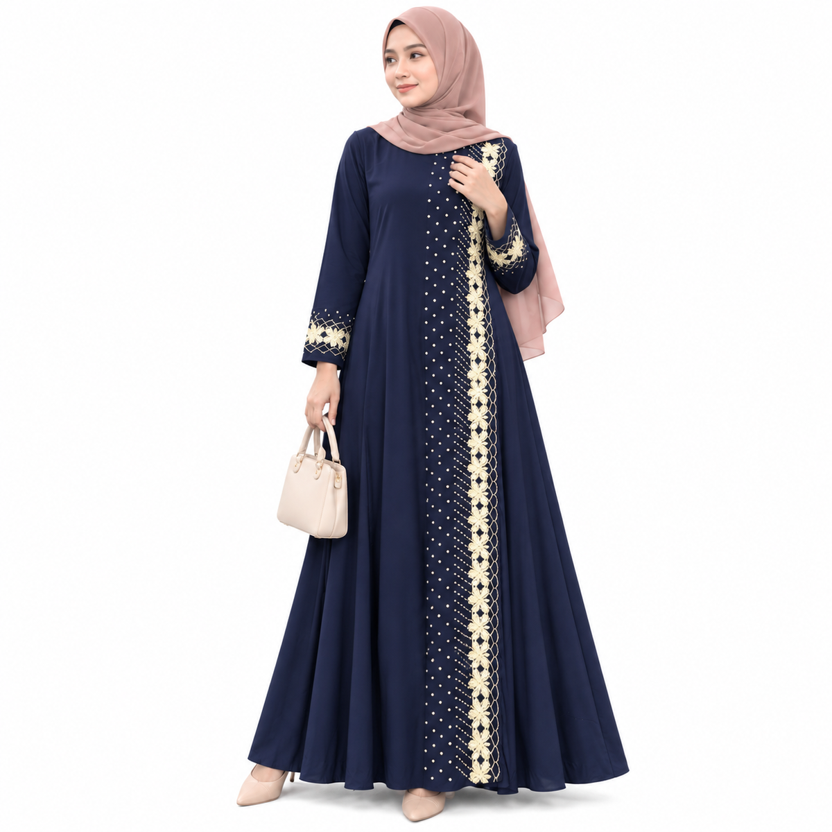 ZOALIN - Gold Floral Abaya - Navy - front