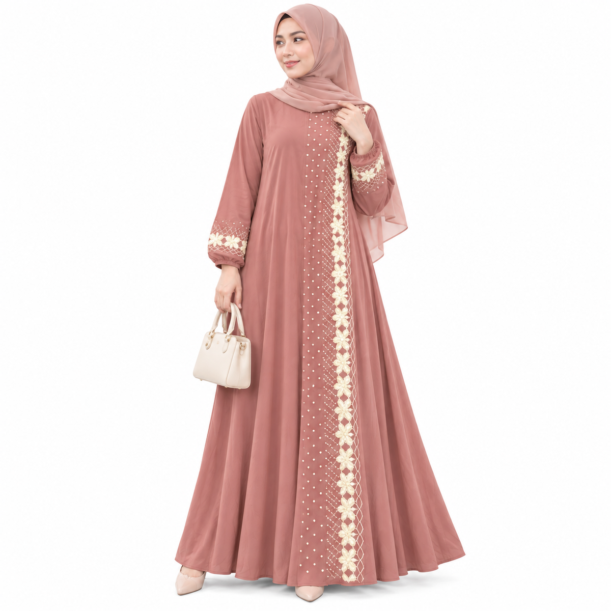 ZOALIN - Gold Floral Abaya - Dusty Pink - front