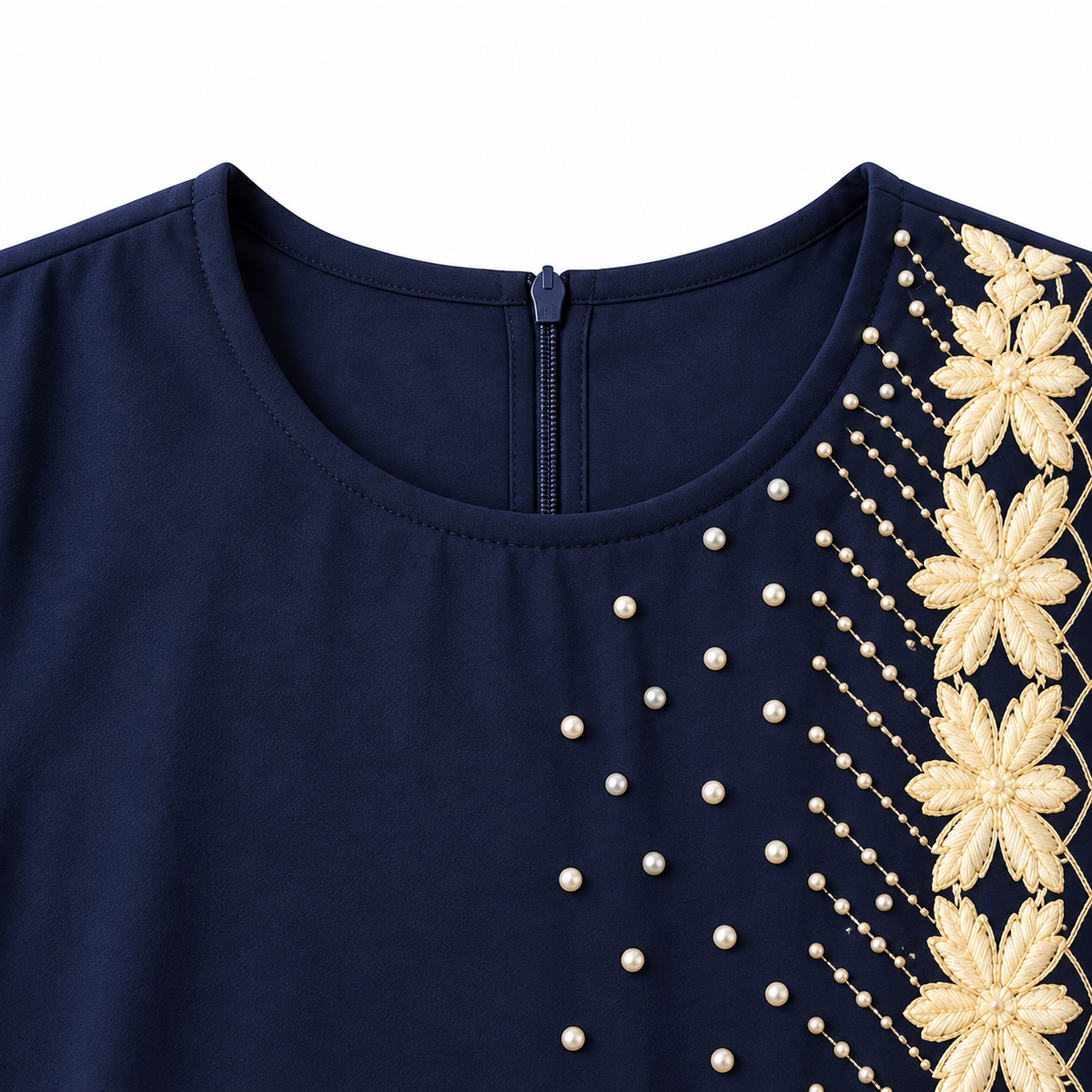ZOALIN - Gold Floral Abaya - Navy - neckline detail